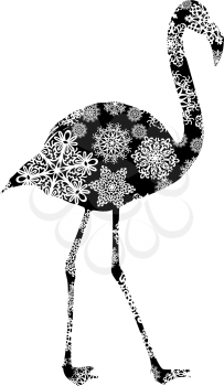 Christmas card pink flamingos in snowflakes on a white background.