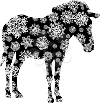 Christmas card zebra in snowflakes on a white background.