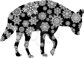 Christmas card hyena in snowflakes on a white background.