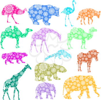 Christmas card elephant, giraffe, bear, flamingo, zebra, camel, hyena in snowflakes on a white background.