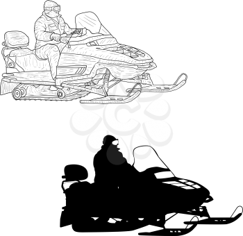 Snowmobile with driver silhouette sketch on white background.