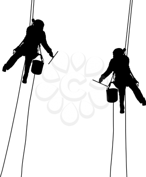 Silhouette of industrial climber washes windows on a white background.