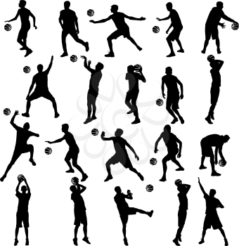 Black silhouettes set of men playing basketball on a white background.