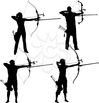 Silhouette set attractive male and female archer bending a bow and aiming in the target.