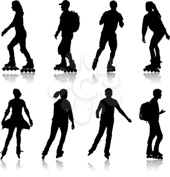 Black set silhouette of an athlete on roller skates on a white background.