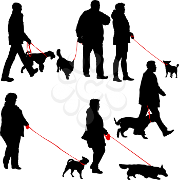 Set ilhouette of people and dog on a white background.
