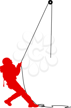 Silhouette craftsman pulling rope on white background.
