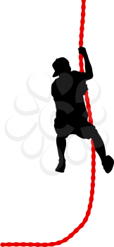Black silhouette Mountain climber climbing a tightrope up on hands.
