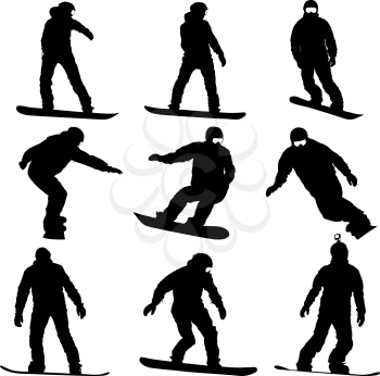 Set black silhouettes snowboarders on white background.