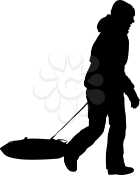 Silhouette of man and having fun inflatable rubber tube sled on white background.