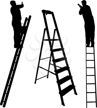Silhouette worker climbing the ladder on white background.