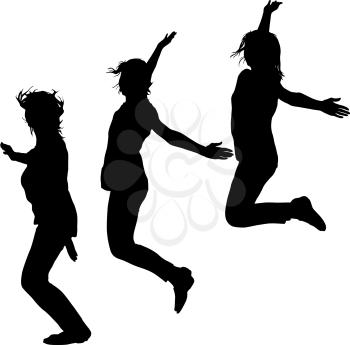 Silhouette of three young girls jumping with hands up, motion.