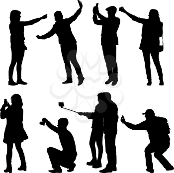 Set silhouettes man and woman taking selfie with smartphone on white background.