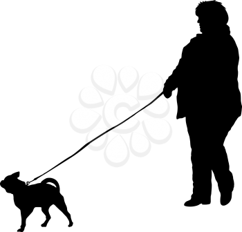 Silhouette of woman and dog on a white background.