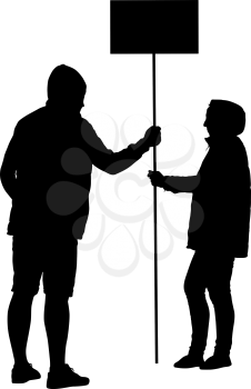 Silhouette of Man and woman holding banner on White Background.