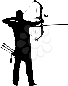 Silhouette attractive male archer bending a bow and aiming in the target.