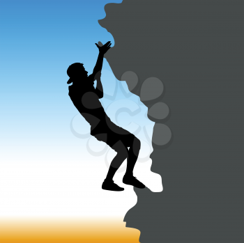 Black silhouette rock climber on against the blue sky.