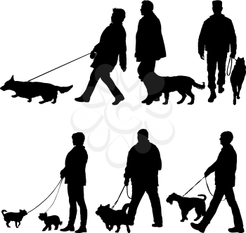 Set silhouette of people and dog on a white background.