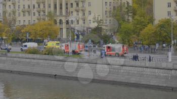 MOSCOW - OCTOBER 14: XIX World Festival of Youth and Studentson the Moscow support columns, fire and ambulance on October 14, 2017 in Moscow, Russia.