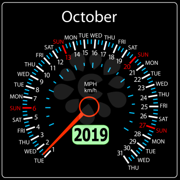 The 2019 year calendar speedometer a car October.