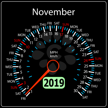 The 2019 year calendar speedometer a car November.