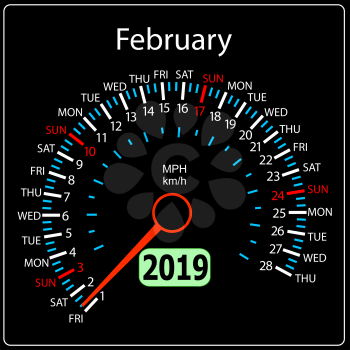 The 2019 year calendar speedometer a car February.
