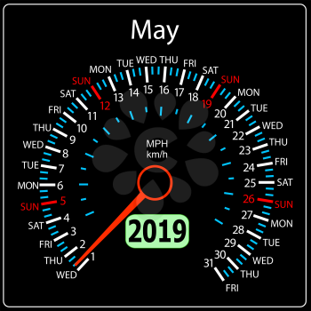 The 2019 year calendar speedometer a car May.