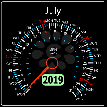 The 2019 year calendar speedometer a car July.