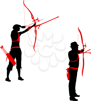 Set silhouette attractive female and male archer bending a bow and aiming in the target.
