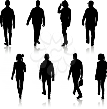 Set silhouette of People walking on White Background.