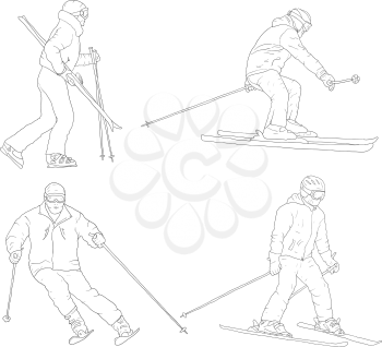 Set sketches silhouettes snowboarders on white background illustration.
