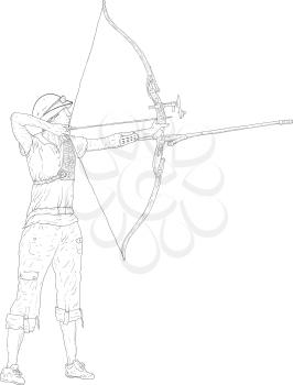 Sketches silhouettes attractive female archer bending a bow and aiming in the target.