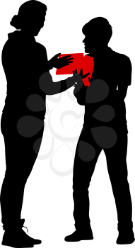 Black silhouettes man and woman with arm raised on a white background.