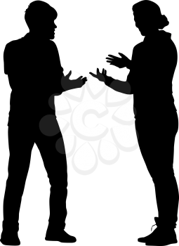 Black silhouettes man and woman with arm raised on a white background.