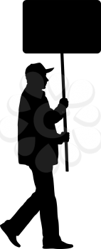 Black silhouettes of man with banner on white background.