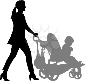 Silhouettes walkings mothers with baby strollers on white background.