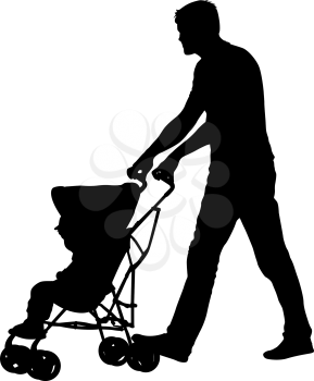 Silhouettes walkings father with baby strollers on white background.