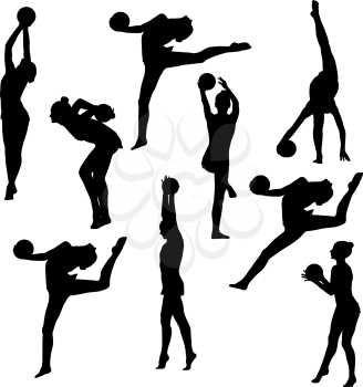 Set silhouette girl gymnast with the ball on white background.