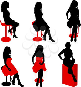 Set ilhouette girl sitting on a chair white background.