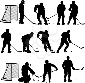 Set silhouette of hockey player on white background.