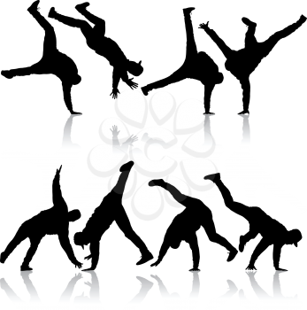 Black set Silhouettes breakdancer on a white background.
