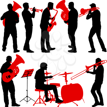 Set silhouette of musician playing the trombone, drummer, tuba, trumpet, saxophone, on a white background.