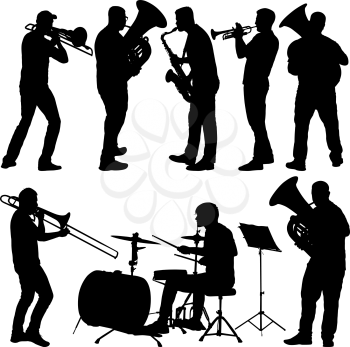 Set silhouette of musician playing the trombone, drummer, tuba, trumpet, saxophone, on a white background.