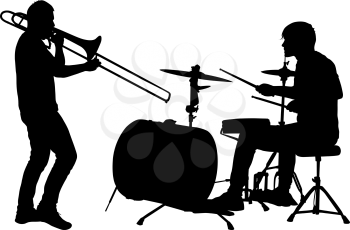 Silhouette of musician playing the trombone and drummer on a white background.