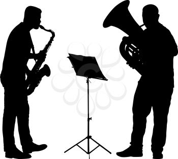 Silhouette of musician playing the saxophone and tuba on a white background.