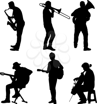 Silhouettes street musicians playing instruments on a white background.