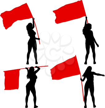 Set silhouettes of woman with flags on white background.