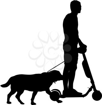 Silhouette of man on a scooter and dog on a white background.