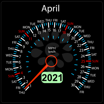 The 2021 year calendar speedometer a car April.