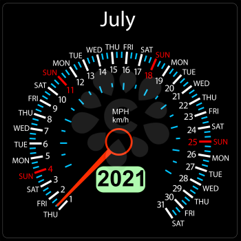 The 2021 year calendar speedometer a car July.